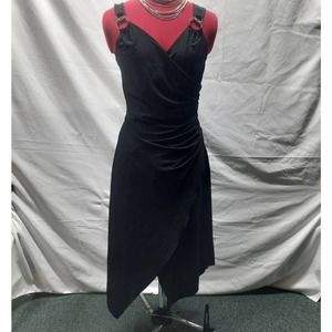 Y2K Vtg Janine Black Ruched handkerchief bottom VNeck Dress with Rhinestones Md.